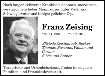 Todesanzeige von Franz Zeising von saarbruecker_zeitung