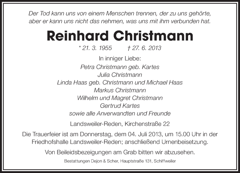  Traueranzeige für Reinhard Christmann vom 02.07.2013 aus saarbruecker_zeitung