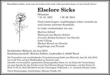 Todesanzeige von Elselore Sicks von saarbruecker_zeitung
