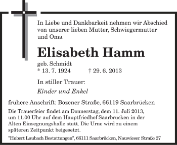 Todesanzeige von Elisabeth Hamm von saarbruecker_zeitung