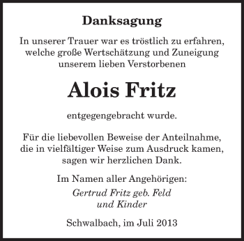 Todesanzeige von Alois Fritz von saarbruecker_zeitung