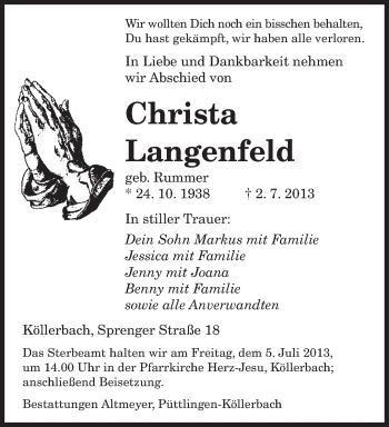 Todesanzeige von Christa Langenfeld von saarbruecker_zeitung