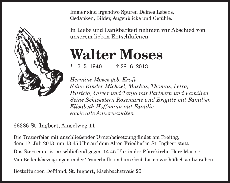 Traueranzeige für Walter Moses vom 06.07.2013 aus saarbruecker_zeitung