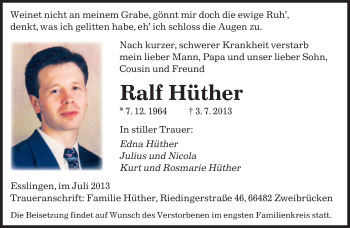 Todesanzeige von Ralf Hüther von saarbruecker_zeitung