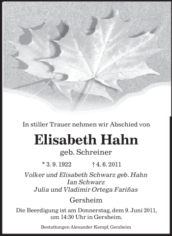 Todesanzeige von Elisabeth Hahn von SAARBRÜCKER ZEITUNG