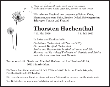 Todesanzeige von Thorsten Hachenthal von saarbruecker_zeitung