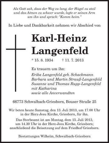 Todesanzeige von Karl-Heinz Langenfeld von saarbruecker_zeitung
