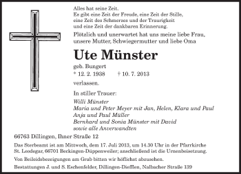 Todesanzeige von Ute Münster von saarbruecker_zeitung