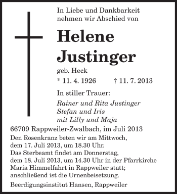Todesanzeige von Helene Justinger von saarbruecker_zeitung