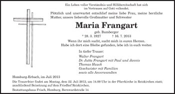 Todesanzeige von Maria Frangart von saarbruecker_zeitung