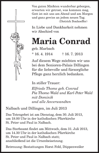 Todesanzeige von Maria Conrad von saarbruecker_zeitung