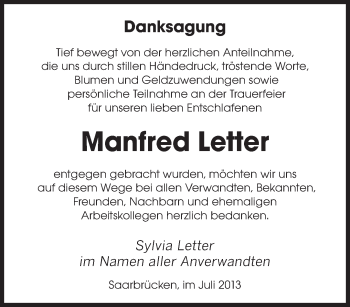 Todesanzeige von Manfred Letter von saarbruecker_zeitung