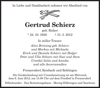 Todesanzeige von Gertrud Schierz von SAARBRÜCKER ZEITUNG