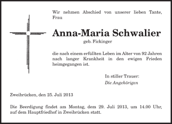 Todesanzeige von Anna-Maria Schwalier von saarbruecker_zeitung