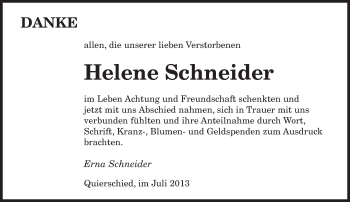 Todesanzeige von Helene Schneider von saarbruecker_zeitung