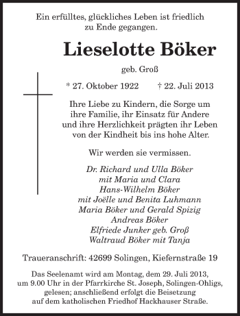 Todesanzeige von Lieselotte Böker von saarbruecker_zeitung