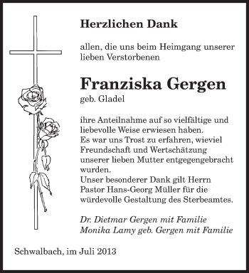 Todesanzeige von Franziska Gergen von saarbruecker_zeitung