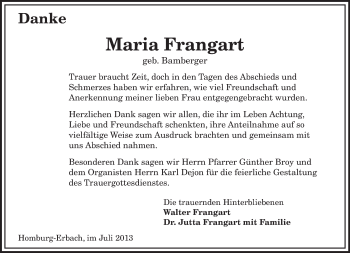 Todesanzeige von Maria Frangart von saarbruecker_zeitung