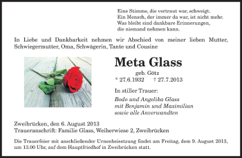 Todesanzeige von Meta Glass von saarbruecker_zeitung