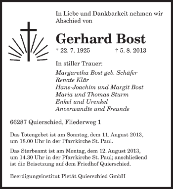 Todesanzeige von Gerhard Bost von saarbruecker_zeitung