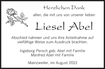 Todesanzeige von Liesel Abel von saarbruecker_zeitung