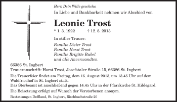 Todesanzeige von Leonie Trost von saarbruecker_zeitung