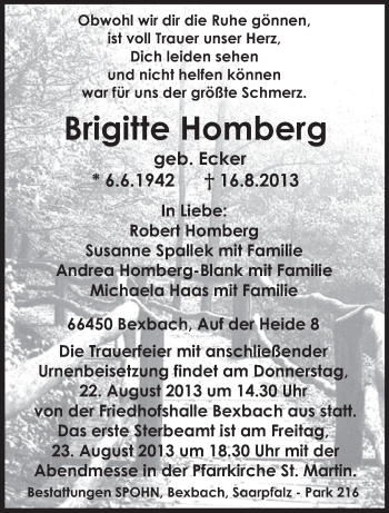 Todesanzeige von Brigitte Homberg von saarbruecker_zeitung