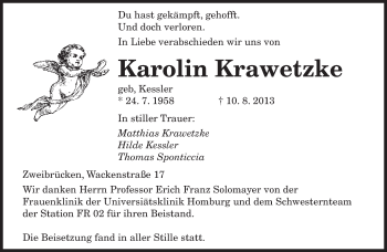Todesanzeige von Karolin Krawetzke von saarbruecker_zeitung