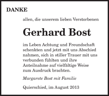 Todesanzeige von Gerhard Bost von saarbruecker_zeitung