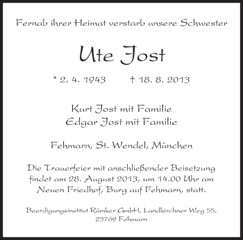 Todesanzeige von Ute Jost von saarbruecker_zeitung