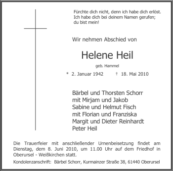 Todesanzeige von Helene Heil von SAARBRÜCKER ZEITUNG