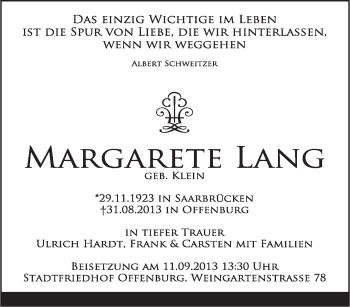 Todesanzeige von Margarete Lang von saarbruecker_zeitung