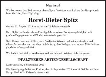 Todesanzeige von Horst-Dieter Spitz von saarbruecker_zeitung