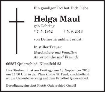 Todesanzeige von Helga Maul von saarbruecker_zeitung