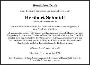 Todesanzeige von Heribert Schmidt von saarbruecker_zeitung