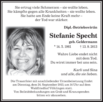 Todesanzeige von Stefanie Specht von saarbruecker_zeitung