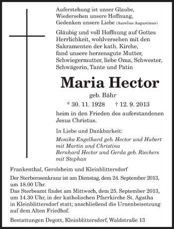 Todesanzeige von Maria Hector von saarbruecker_zeitung