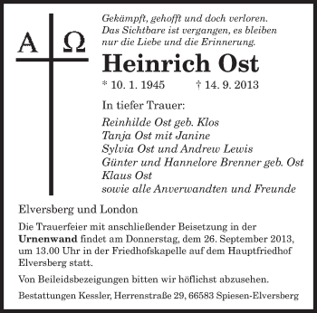 Todesanzeige von Heinrich Ost von saarbruecker_zeitung