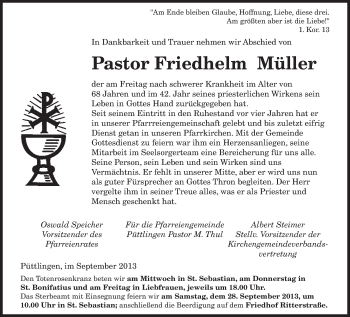 Todesanzeige von Friedhelm Müller von saarbruecker_zeitung