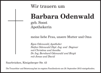 Todesanzeige von Barbara Odenwald von saarbruecker_zeitung