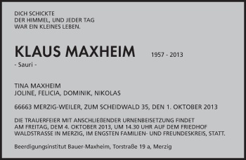 Todesanzeige von Klaus Maxheim von saarbruecker_zeitung