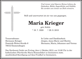 Todesanzeige von Maria Krieger von saarbruecker_zeitung