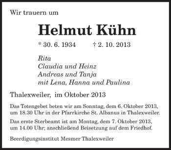 Todesanzeige von Helmut Kühn von saarbruecker_zeitung