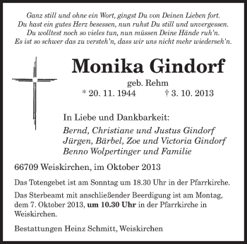 Todesanzeige von Monika Gindorf von saarbruecker_zeitung