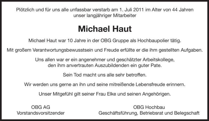  Traueranzeige für Michael Haut vom 09.07.2011 aus SAARBRÜCKER ZEITUNG