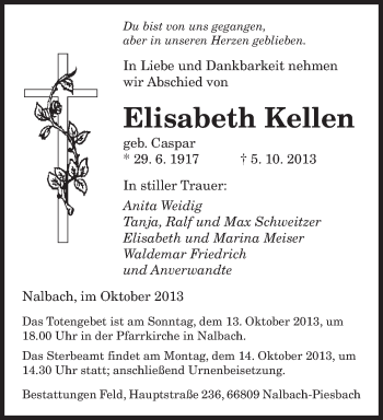 Todesanzeige von Elisabeth Kellen von saarbruecker_zeitung