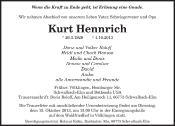 Todesanzeige von Kurt Hennrich von saarbruecker_zeitung