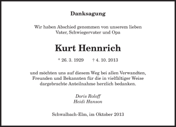 Todesanzeige von Kurt Hennrich von saarbruecker_zeitung