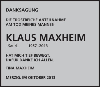 Todesanzeige von Klaus Maxheim von saarbruecker_zeitung
