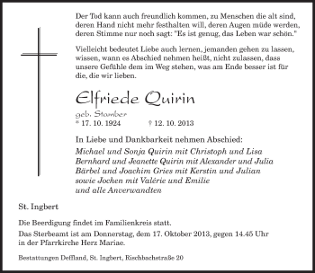 Todesanzeige von Elfriede Quirin von saarbruecker_zeitung